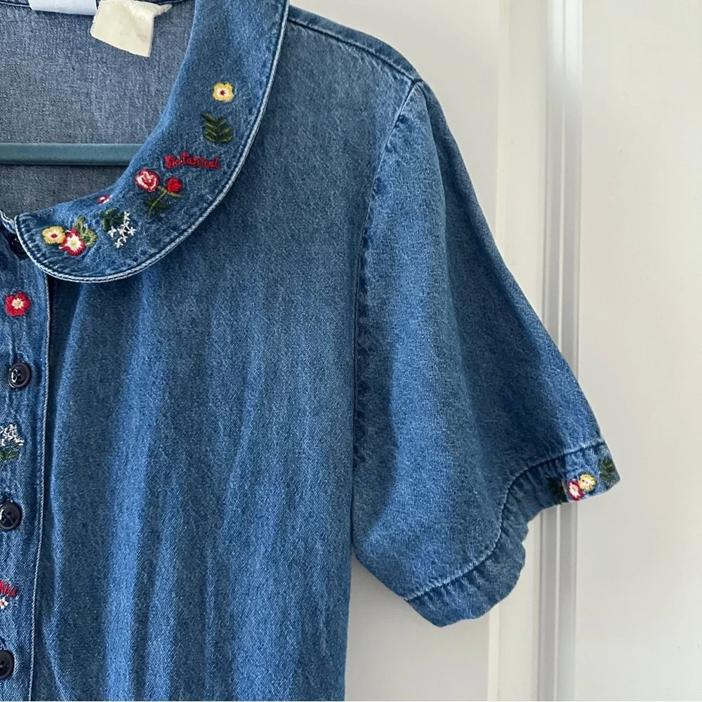 Vintage Bobbie Brooks Blue Denim Floral Embroidered Dress Women’s Size Medium - Picture 5 of 16